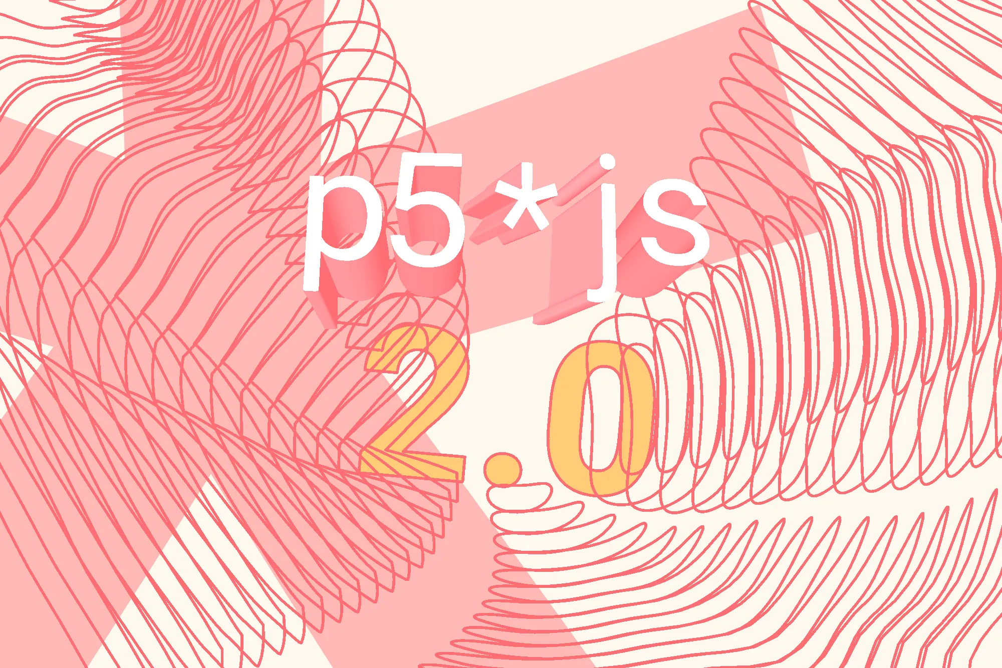 An abstract image showing "p5.js 2.0" surrounded by typographically-inspired shapes