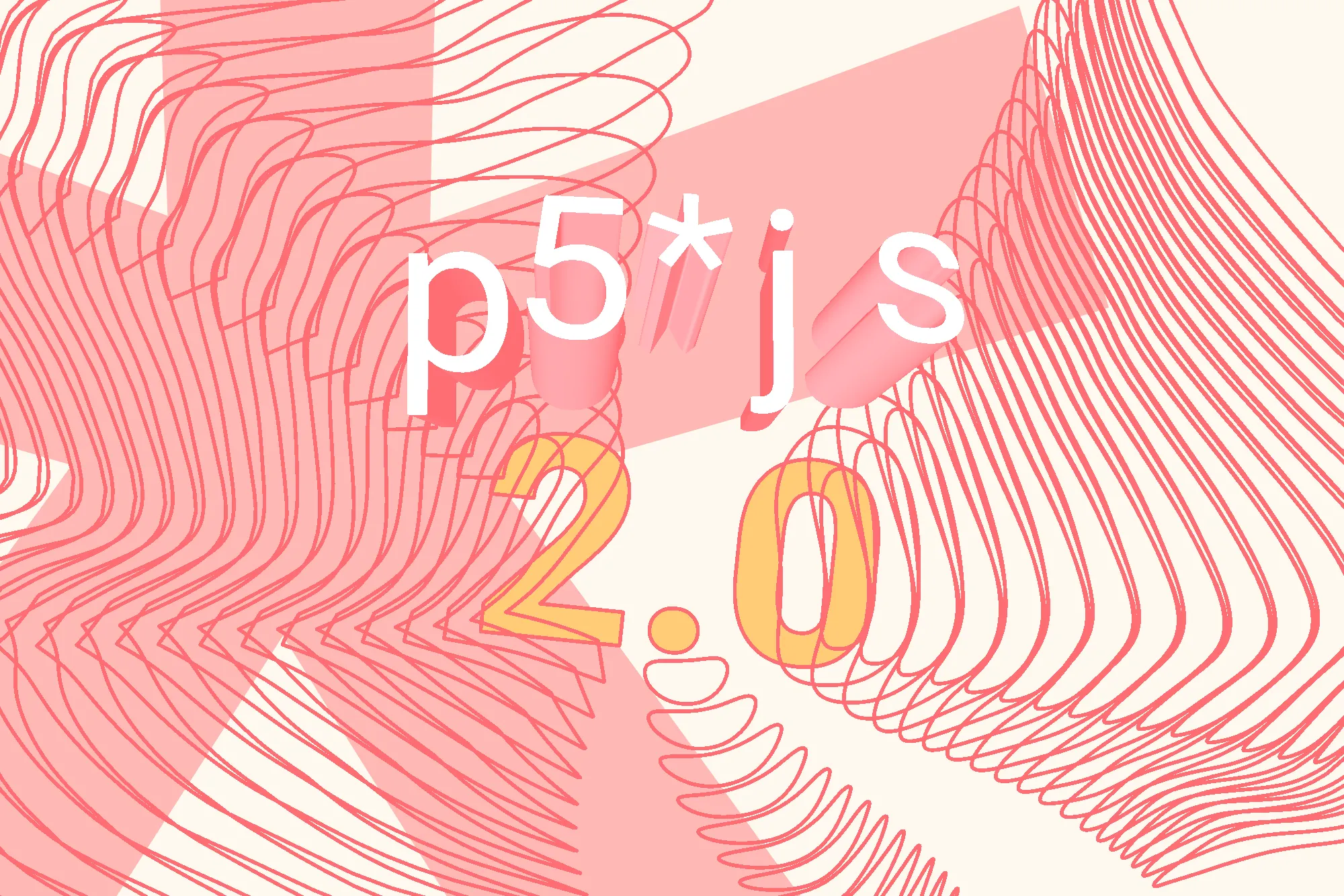 An abstract image showing "p5.js 2.0" surrounded by typographically-inspired shapes