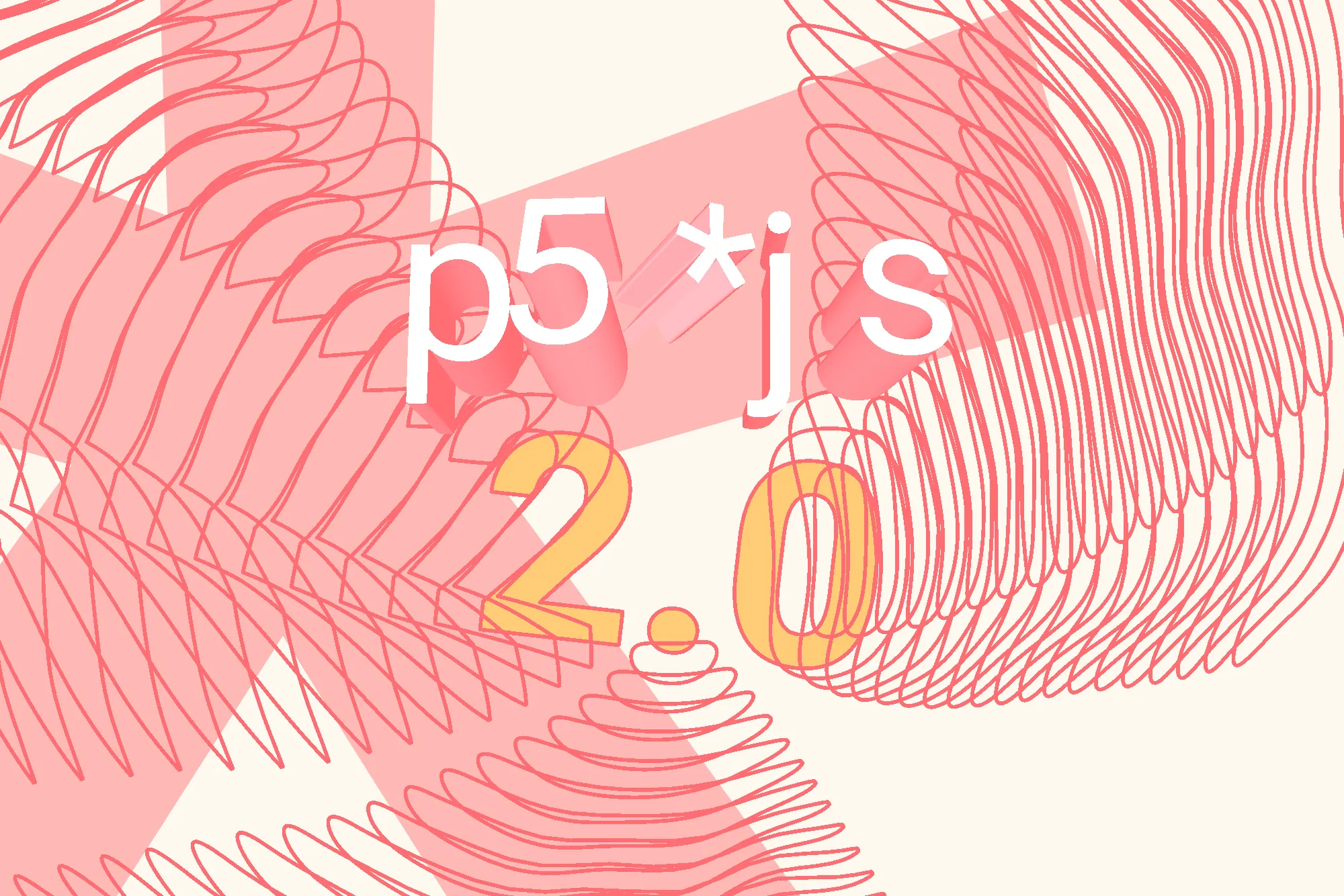 An abstract image showing "p5.js 2.0" surrounded by typographically-inspired shapes