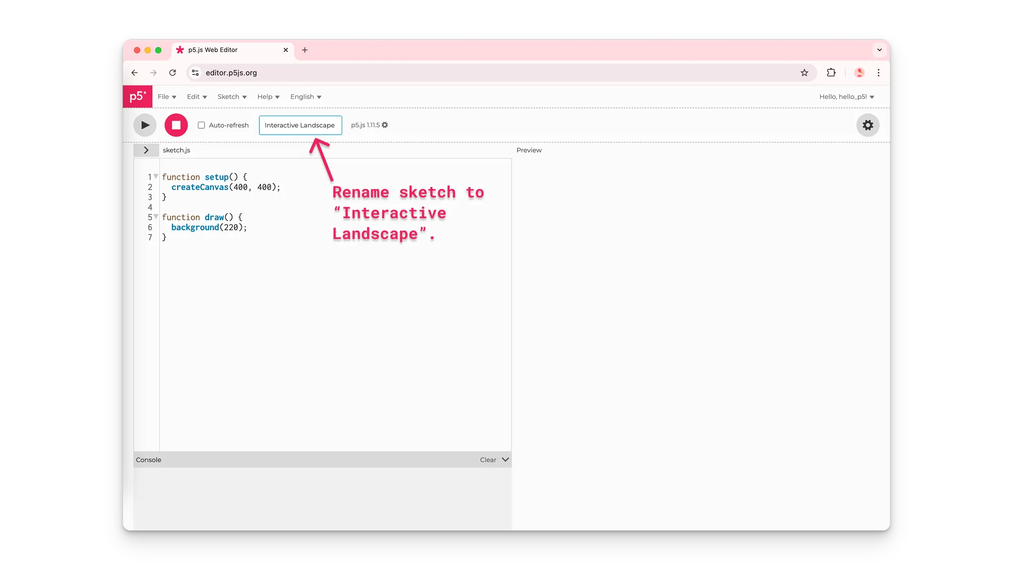 A user on the p5.js Web Editor names a new project “Interactive Landscape”.