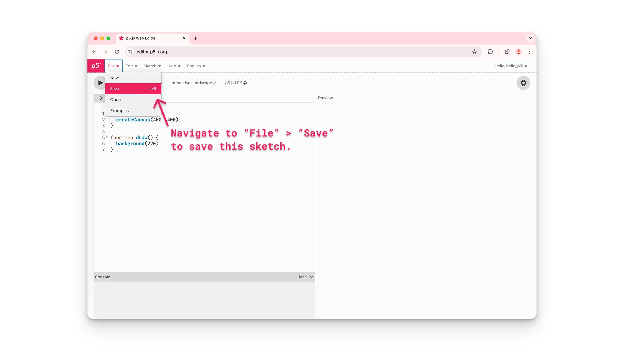 A user on the p5.js Web Editor saves their new project "Interactive Landscape".