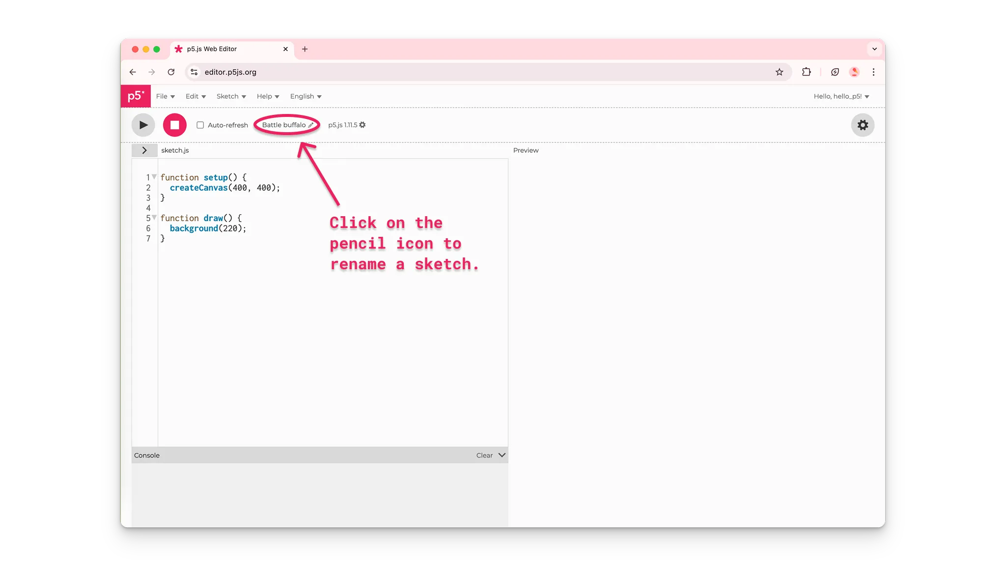 An arrow points to a pencil icon to rename a sketch.