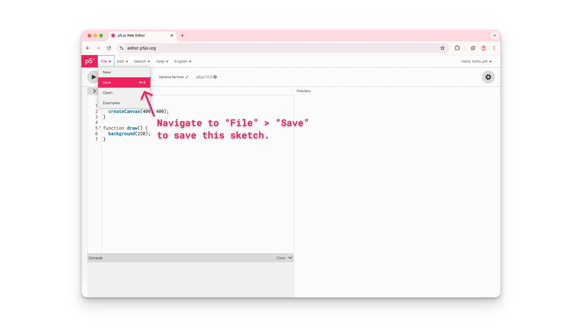 A user on the p5.js Web Editor names a new project and saves it.”