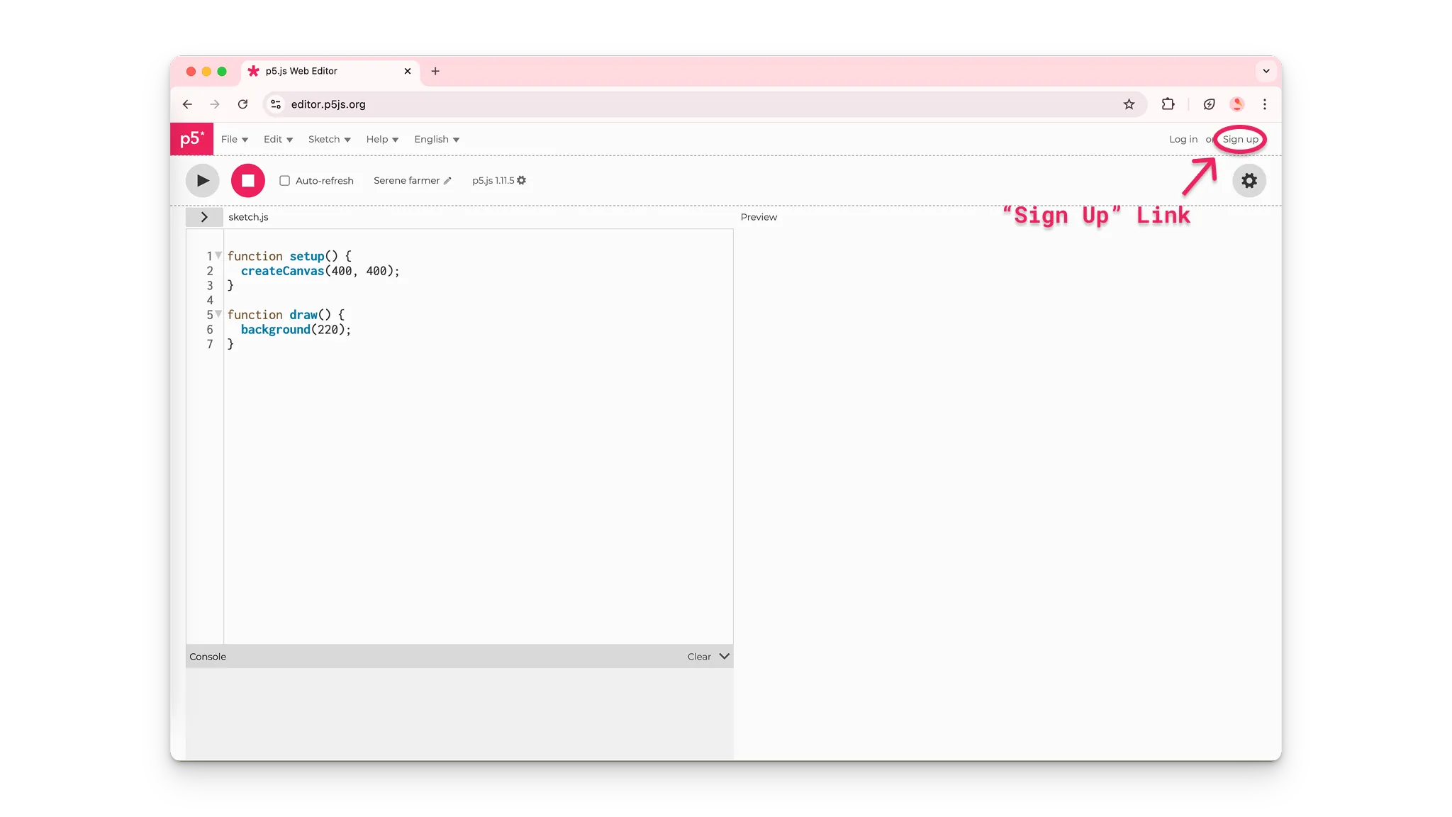 An arrow pointing to the “Sign Up” link in the top right corner of the p5.js Editor.